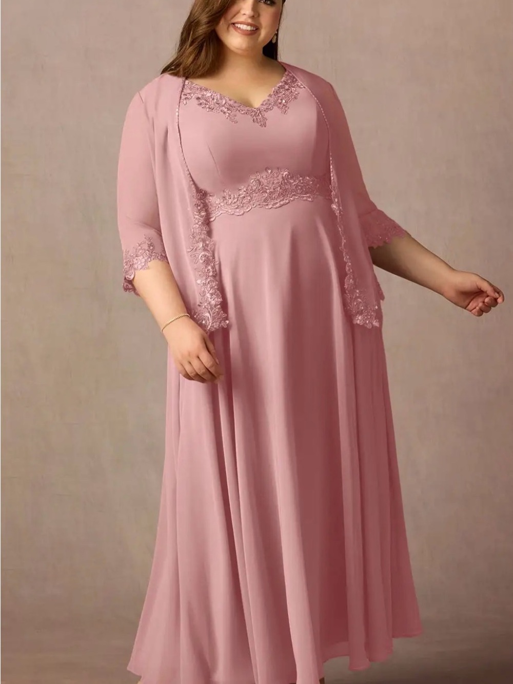 Azazie Dusty Rose Lace-Trim Evening Dress with Jacket (size 16)